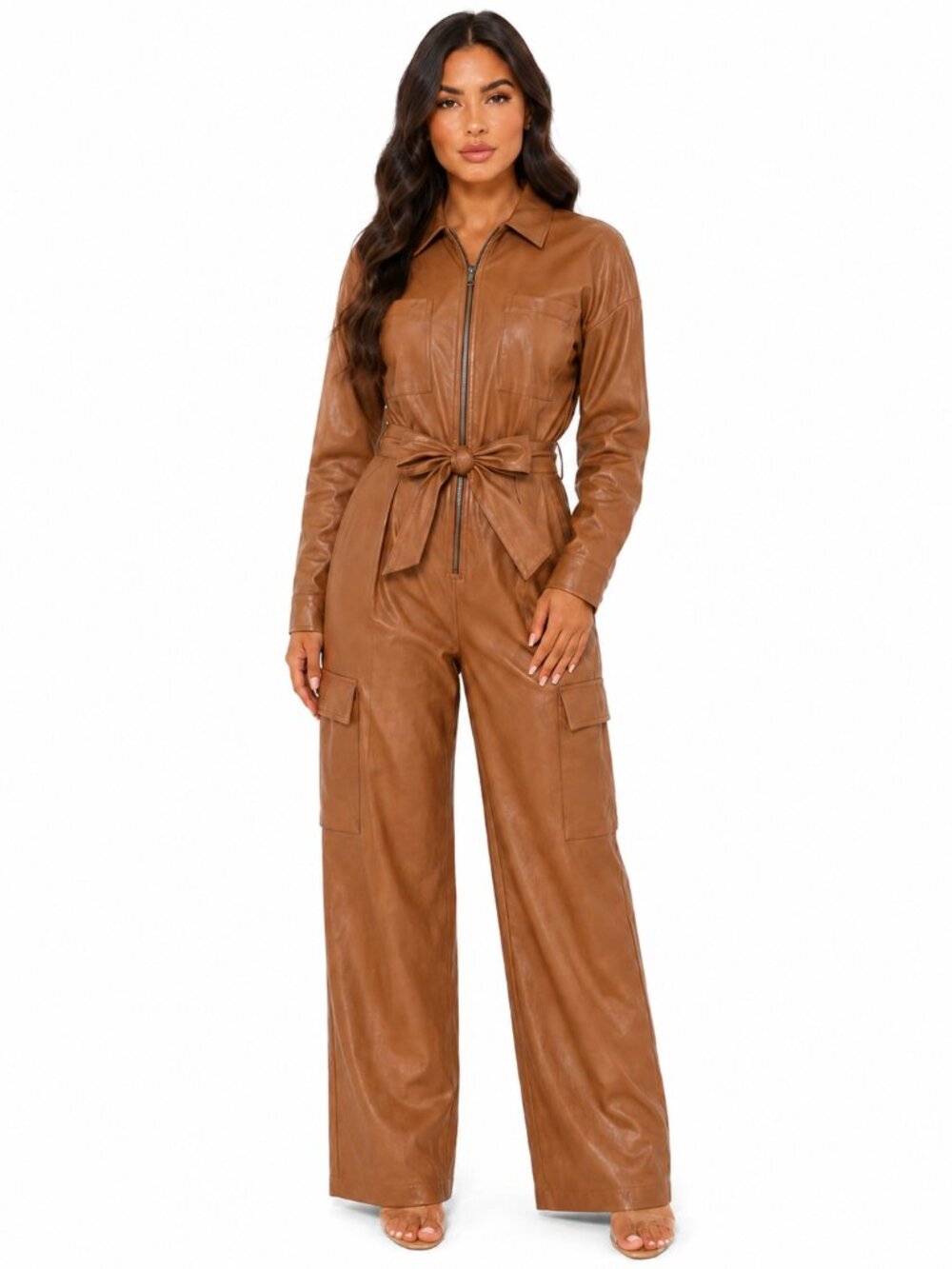 Choosy Women's Brown Faux Leather Belted Cargo Utility Jumpsuit, 2